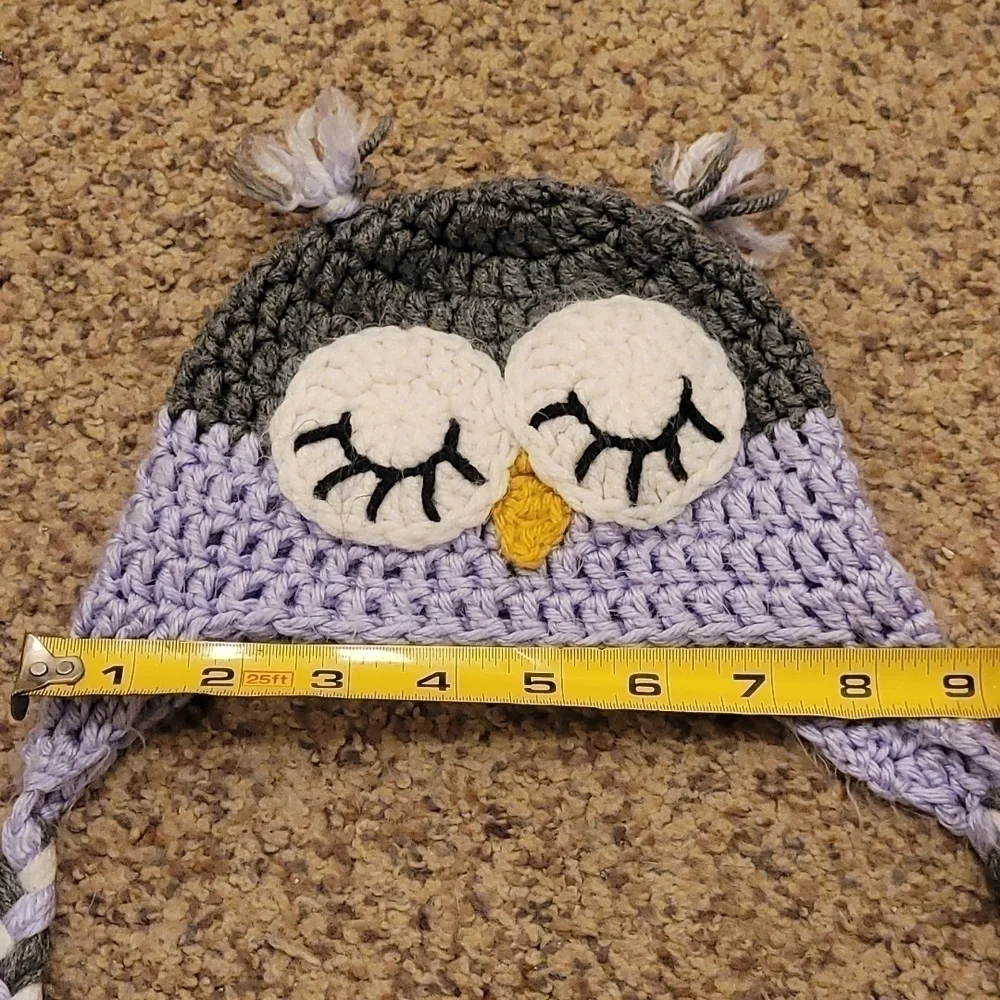 Hand- knit owl purple/gray winter hat